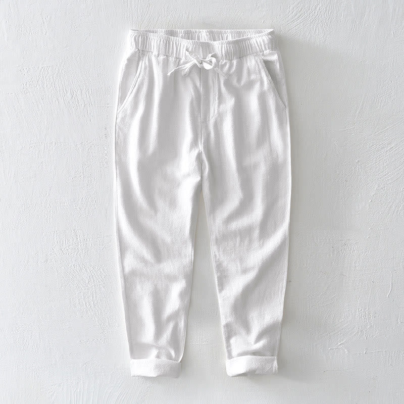 Buddha Stones Casual Solid Color Simple Design Drawstring Ramie Linen Men's Pants With Pockets - White - US/UK/AU44，EU54 (4XL) - image 5