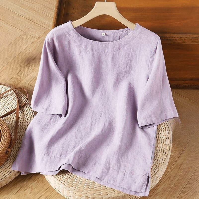 Buddha Stones Simple Plain Short Sleeve Crew Neck Side Slit Cotton Women's T-Shirt - Plum - US8-10，UK/AU12-14，EU40-42 (3XL) - image 0