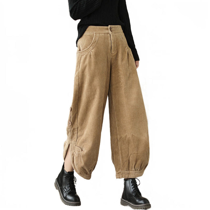 Buddha Stones Casual Buttons Leg Opening Design Women's Cotton Corduroy Pants With Pockets - image 8
