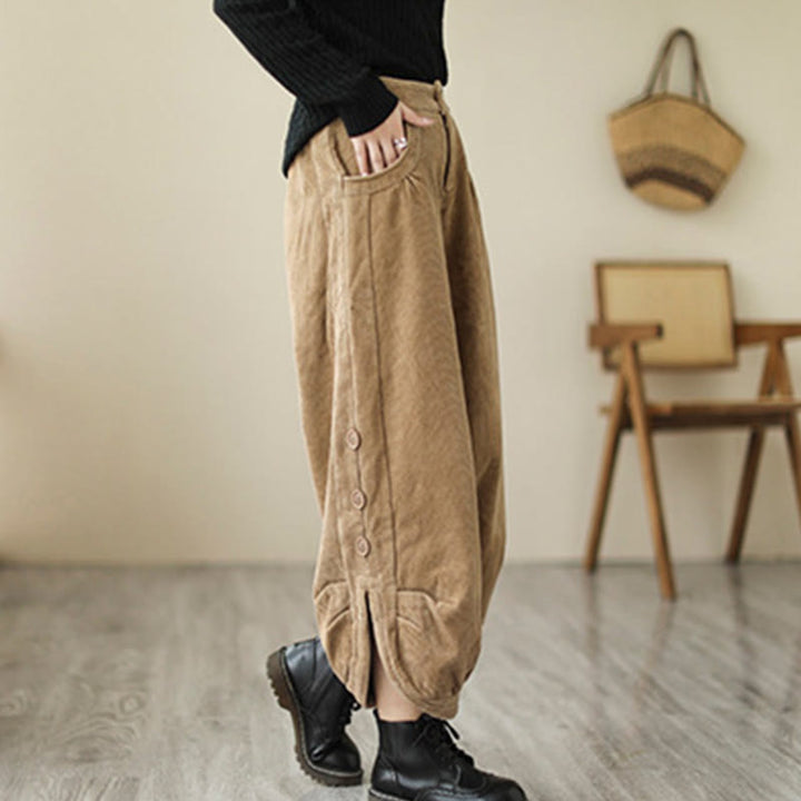Buddha Stones Casual Buttons Leg Opening Design Women's Cotton Corduroy Pants With Pockets - image 3