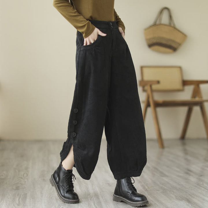 Buddha Stones Casual Buttons Leg Opening Design Women's Corduroy Pants With Pockets - Black - US8-10，UK/AU12-14，EU40-42 (2XL) - image 9