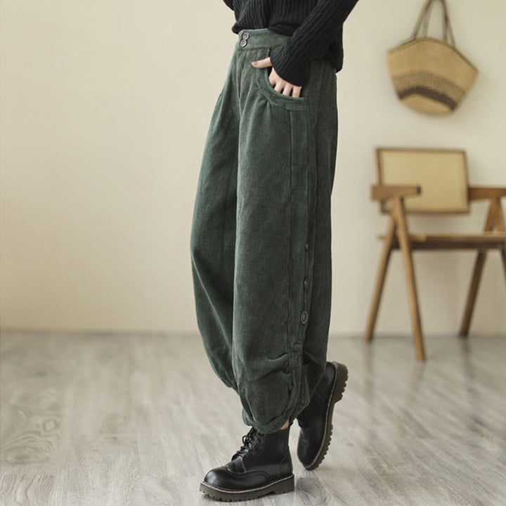 Buddha Stones Casual Buttons Leg Opening Design Women's Corduroy Pants With Pockets - image 14