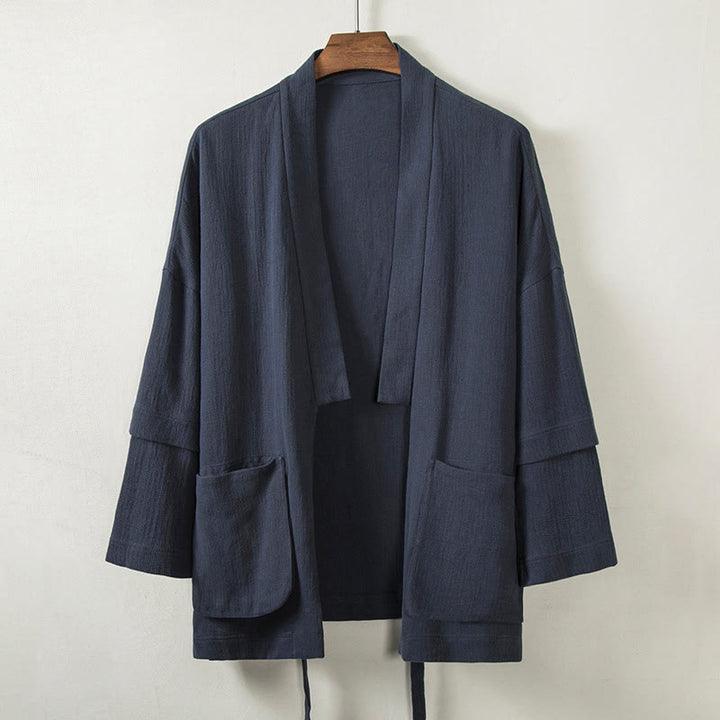 Buddha Stones Pure Color Open Front Jacket Men's Cotton Linen Long Sleeve Kimono With Pockets - MidnightBlue - US/UK/AU48，EU58 (4XL) - image 1