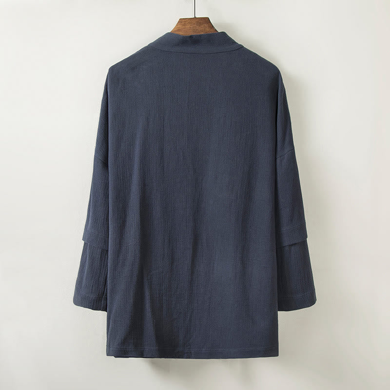 Buddha Stones Pure Color Simple Design Open Front Jacket Men's Cotton Linen Kimono With Pockets - image 2