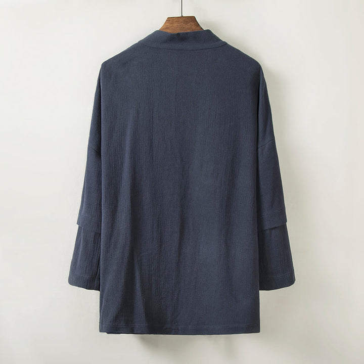 Buddha Stones Pure Color Simple Design Open Front Jacket Men's Cotton Linen Kimono With Pockets - image 2