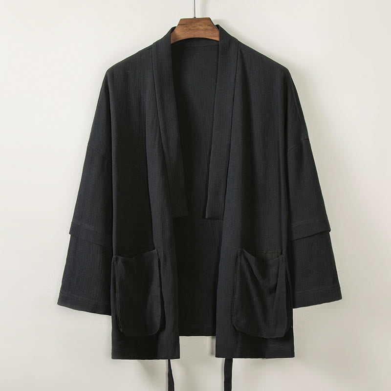 Buddha Stones Pure Color Open Front Jacket Men's Cotton Linen Long Sleeve Kimono With Pockets - Black - US/UK/AU48，EU58 (4XL) - image 6