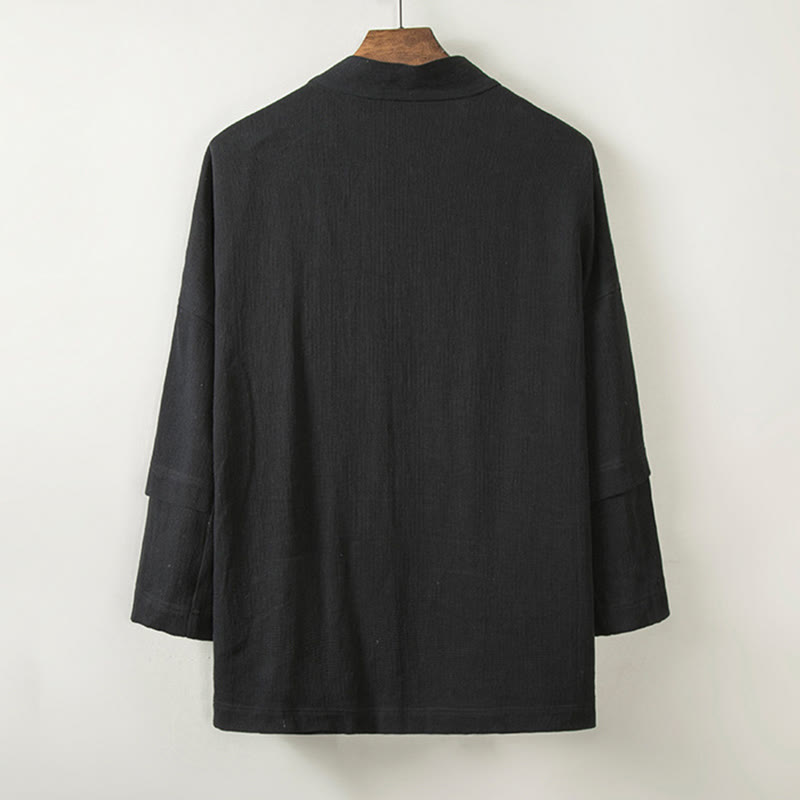 Buddha Stones Pure Color Open Front Jacket Men's Cotton Linen Long Sleeve Kimono With Pockets - image 7