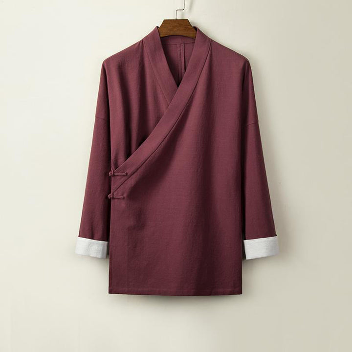 Buddha Stones Retro Chinese Frog-Buttons Design Open Front Jacket Men's Cotton Linen Kimono - DarkRed - US/UK/AU44，EU54 (4XL) - image 5