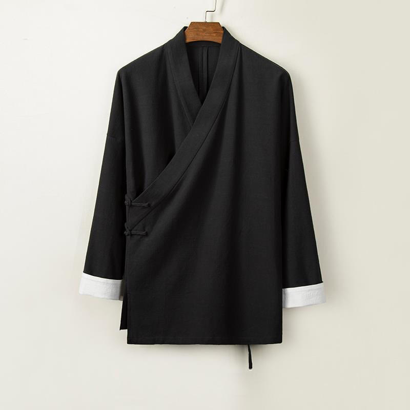 Buddha Stones Retro Chinese Frog-Buttons Design Open Front Jacket Men's Cotton Linen Kimono - Black - US/UK/AU44，EU54 (4XL) - image 3
