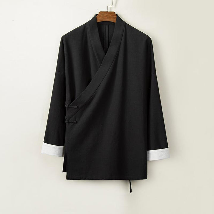 Buddha Stones Retro Chinese Frog-Buttons Design Open Front Jacket Men's Cotton Linen Kimono - Black - US/UK/AU44，EU54 (4XL) - image 3