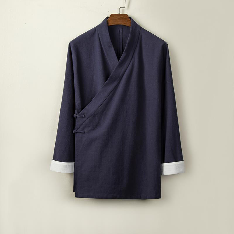 Buddha Stones Retro Chinese Frog-Buttons Design Open Front Jacket Men's Cotton Linen Kimono - MidnightBlue - US/UK/AU44，EU54 (4XL) - image 7