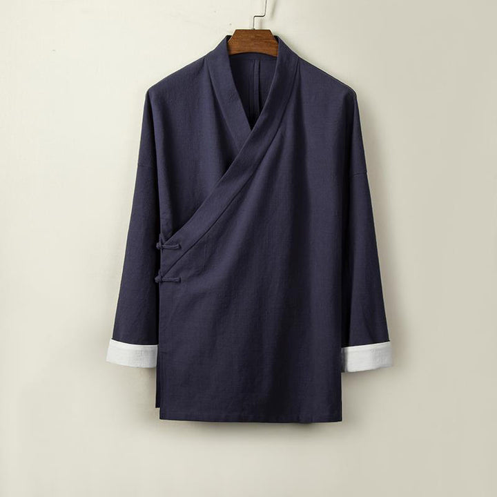 Buddha Stones Retro Chinese Frog-Buttons Design Open Front Jacket Men's Cotton Linen Kimono - MidnightBlue - US/UK/AU44，EU54 (4XL) - image 7