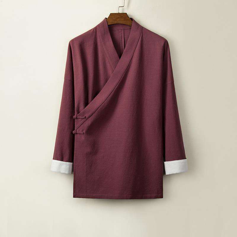 Buddha Stones Chinese Frog-Buttons Long Sleeve Design Open Front Jacket Men's Cotton Linen Kimono - DarkRed - US/UK/AU44，EU54 (4XL) - image 4