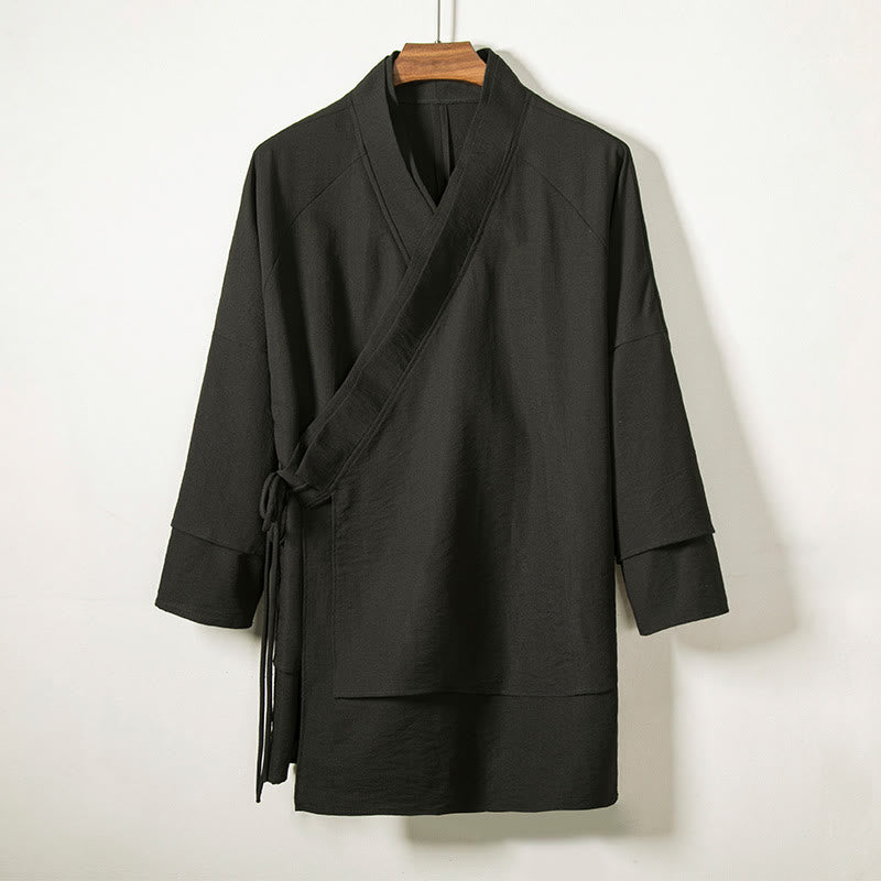 Buddha Stones Casual Lace-Up Design Open Front Jacket Men's Cotton Linen Kimono - Black - US/UK/AU44，EU54 (4XL) - image 1