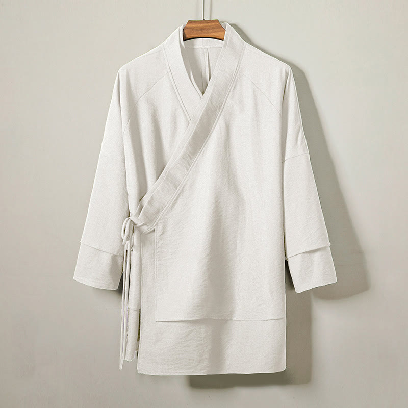 Buddha Stones Casual Lace-Up Design Open Front Jacket Men's Cotton Linen Kimono - FloralWhite - US/UK/AU44，EU54 (4XL) - image 7