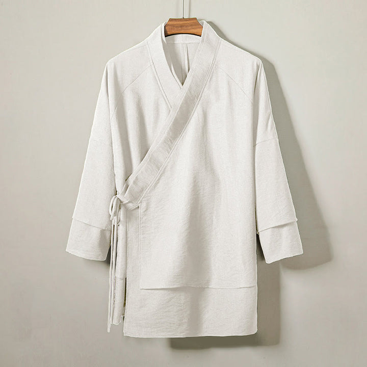 Buddha Stones Casual Lace-Up Design Open Front Jacket Men's Cotton Linen Kimono - FloralWhite - US/UK/AU44，EU54 (4XL) - image 7