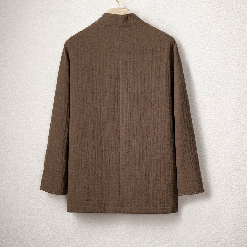Buddha Stones Men's Plain Pleats Frog-Button Design Open Front Jacket Cotton Linen Kimono - image 2