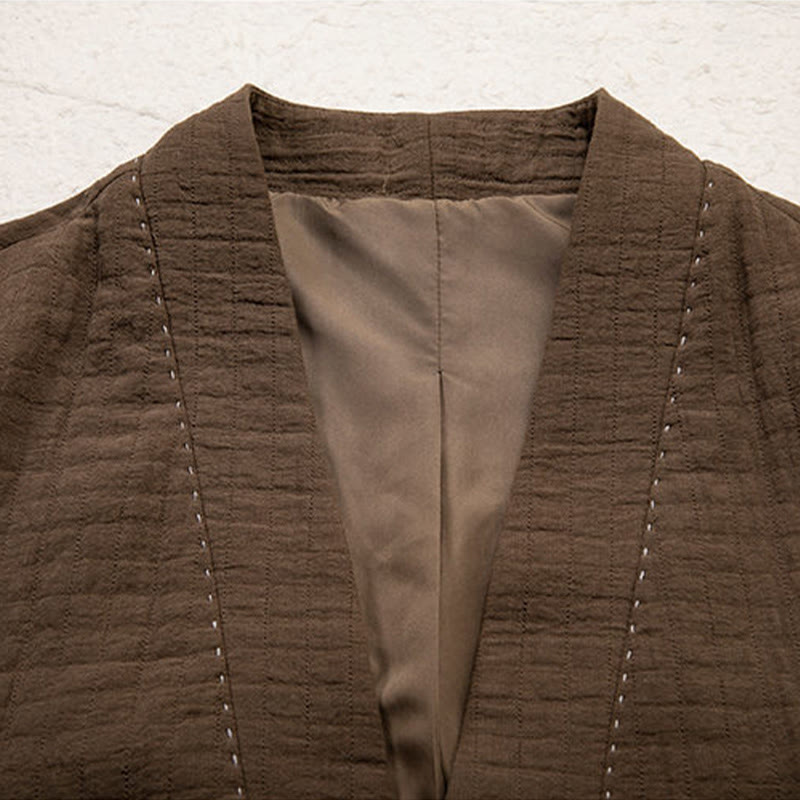Buddha Stones Men's Plain Pleats Frog-Button Design Open Front Jacket Cotton Linen Kimono - image 3