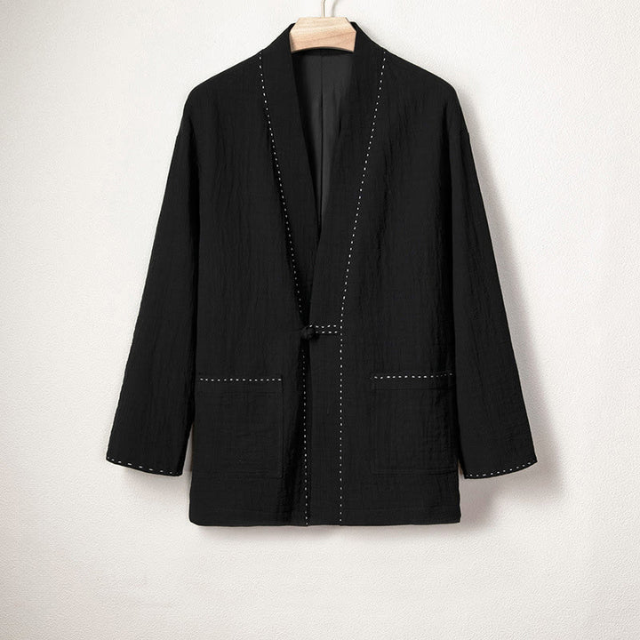 Buddha Stones Men's Plain Pleats Frog-Button Design Open Front Jacket Cotton Linen Kimono - Black - US/UK/AU48，EU58 (4XL) - image 7