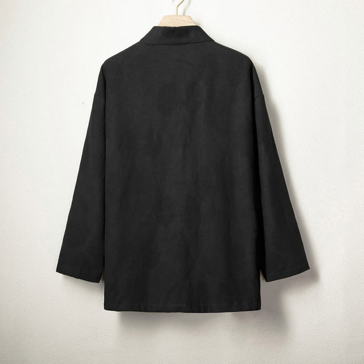 Buddha Stones Jacquard Button Men's Cotton Linen Long Sleeve Fleece-Lined Jacket Shirt - image 7