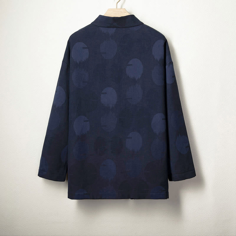 Buddha Stones Jacquard Button Men's Cotton Linen Long Sleeve Fleece-Lined Jacket Shirt - image 2