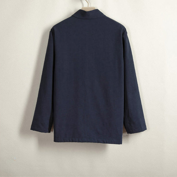 Buddha Stones Men's Plain Frog-Button Design Open Front Fleece-Lined Cotton Linen Jacket Kimono - image 2