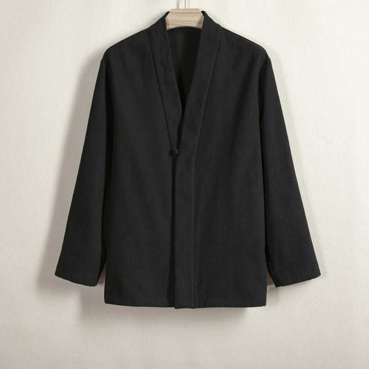 Buddha Stones Men's Long Sleeve Frog-Button Open Front Fleece-Lined Cotton Linen Jacket Kimono - Black - US/UK/AU44，EU54 (4XL) - image 9