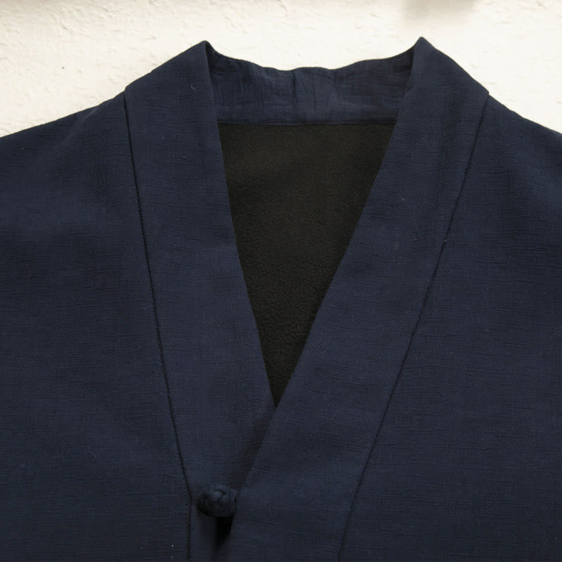 Buddha Stones Men's Plain Frog-Button Design Open Front Fleece-Lined Cotton Linen Jacket Kimono - image 3
