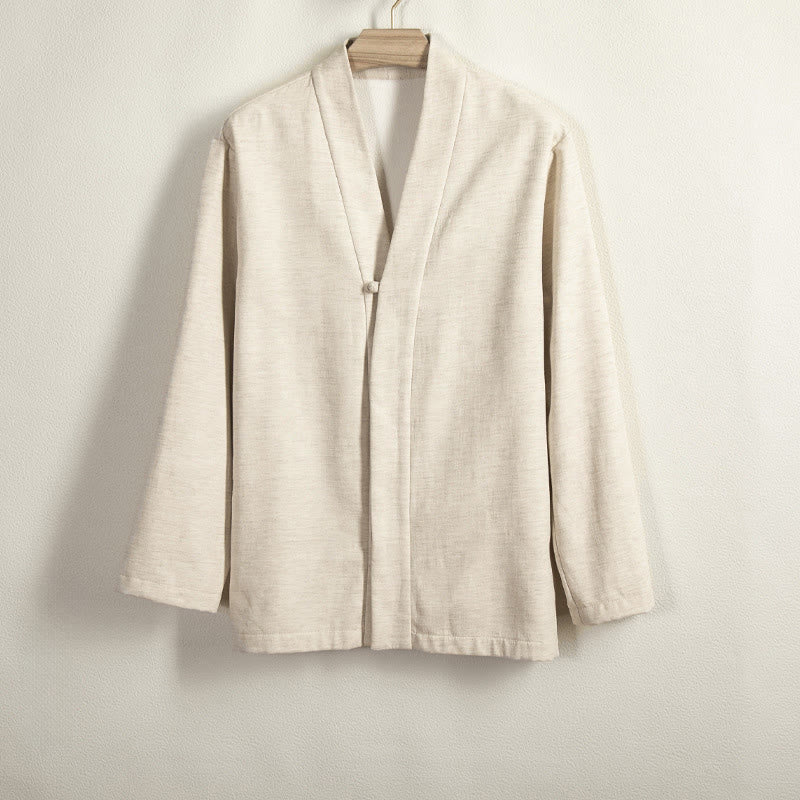Buddha Stones Men's Plain Frog-Button Design Open Front Fleece-Lined Cotton Linen Jacket Kimono - Beige - US/UK/AU44，EU54 (4XL) - image 8