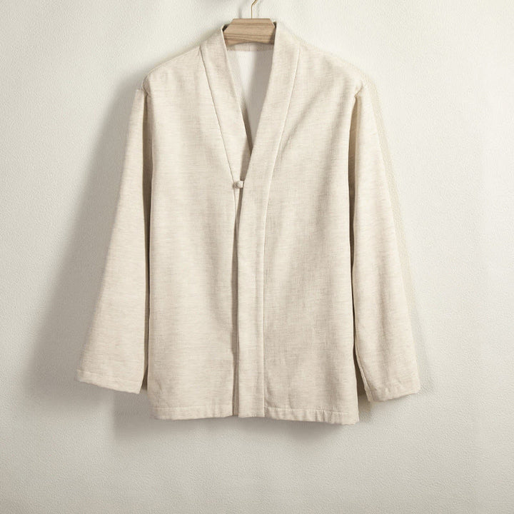 Buddha Stones Men's Plain Frog-Button Design Open Front Fleece-Lined Cotton Linen Jacket Kimono - Beige - US/UK/AU44，EU54 (4XL) - image 8
