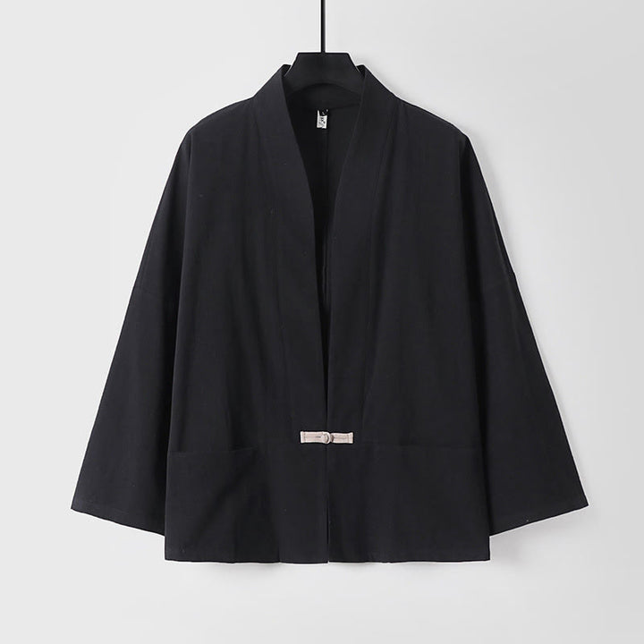 Buddha Stones Long Sleeve Buttons Design Men's Open Front Cotton Linen Jacket Kimono With Pockets - Black - US/UK/AU54，EU64 (9XL) - image 2