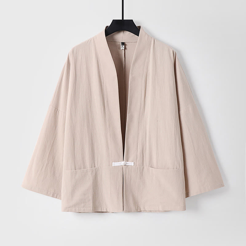 Buddha Stones Vintage Frog-Button Design Men's Open Front Cotton Linen Jacket Kimono With Pockets - BlanchedAlmond - US/UK/AU54，EU64 (9XL) - image 4