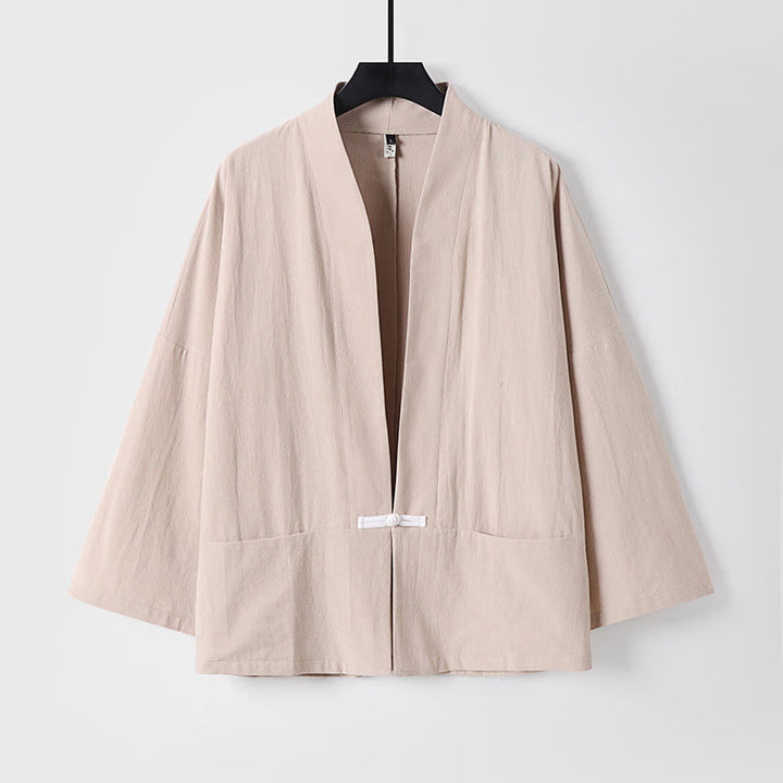 Buddha Stones Vintage Frog-Button Design Men's Open Front Cotton Linen Jacket Kimono With Pockets - BlanchedAlmond - US/UK/AU54，EU64 (9XL) - image 4