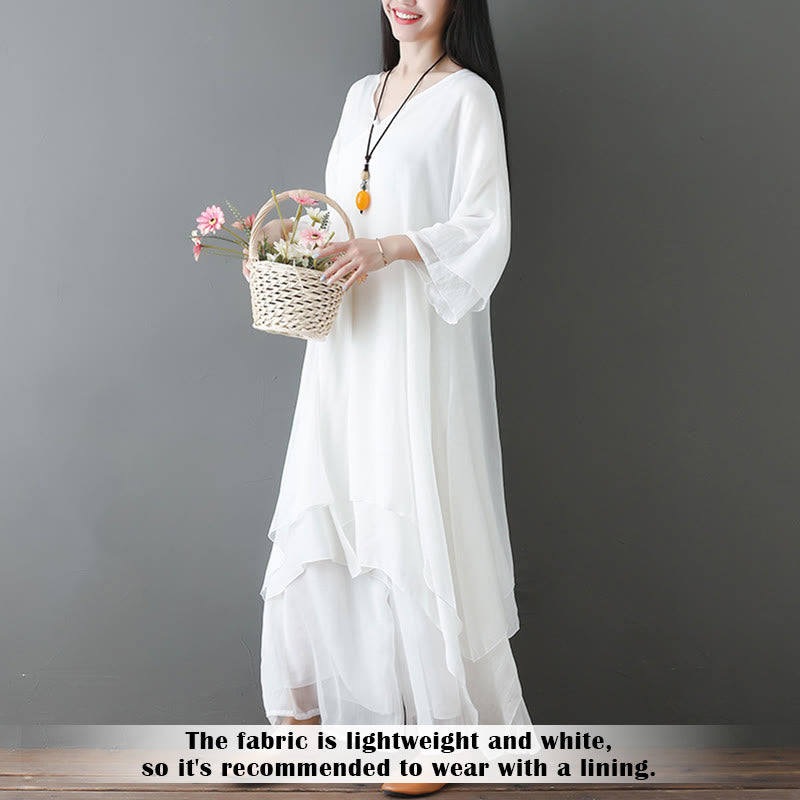 Buddha Stones V-Neck Midi Tunic Dress Wide Leg Pants Meditation Zen Practice Dance Clothing - image 4