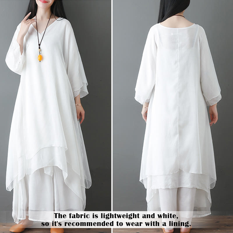 Buddha Stones V-Neck Midi Tunic Dress Wide Leg Pants Meditation Zen Practice Dance Clothing - image 9