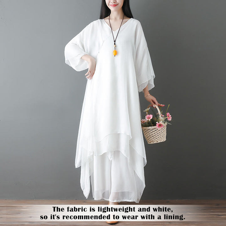 Buddha Stones V-Neck Midi Tunic Dress Wide Leg Pants Meditation Zen Practice Dance Clothing - image 3
