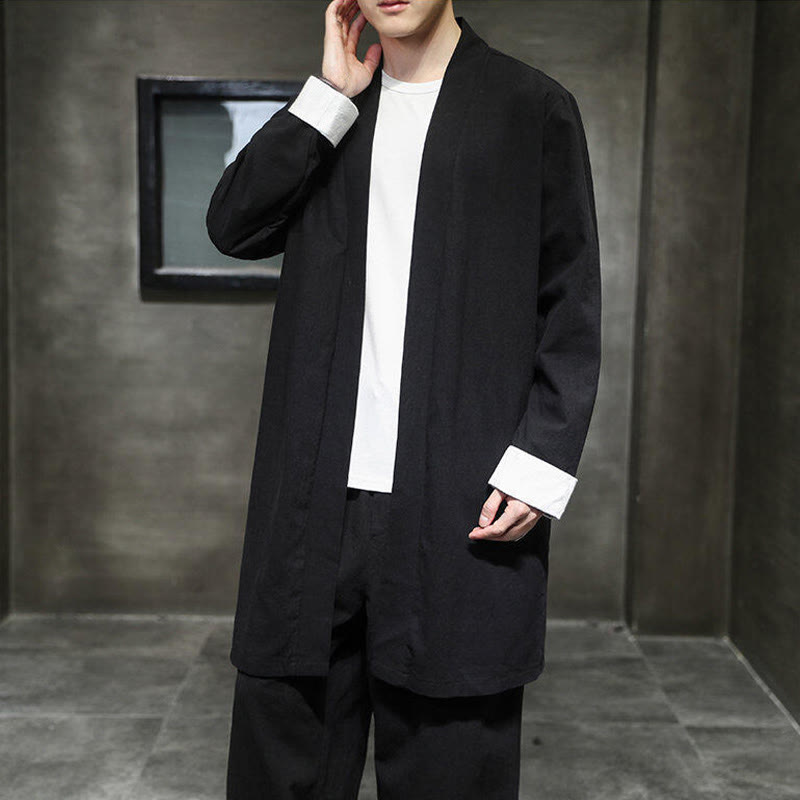 Buddha Stones Spring Vintage Open Front Men's Cotton Linen Zen Jacket Kimono - Black - US/UK/AU46，EU56 (5XL) - image 9