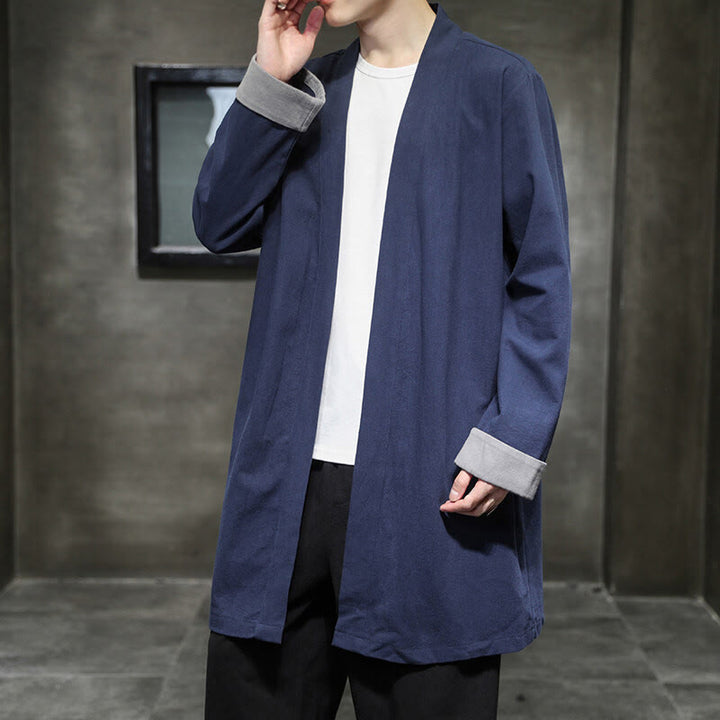 Buddha Stones Spring Long Sleeve Open Front Men's Cotton Linen Zen Jacket Kimono - DarkSlateBlue - US/UK/AU46，EU56 (5XL) - image 1
