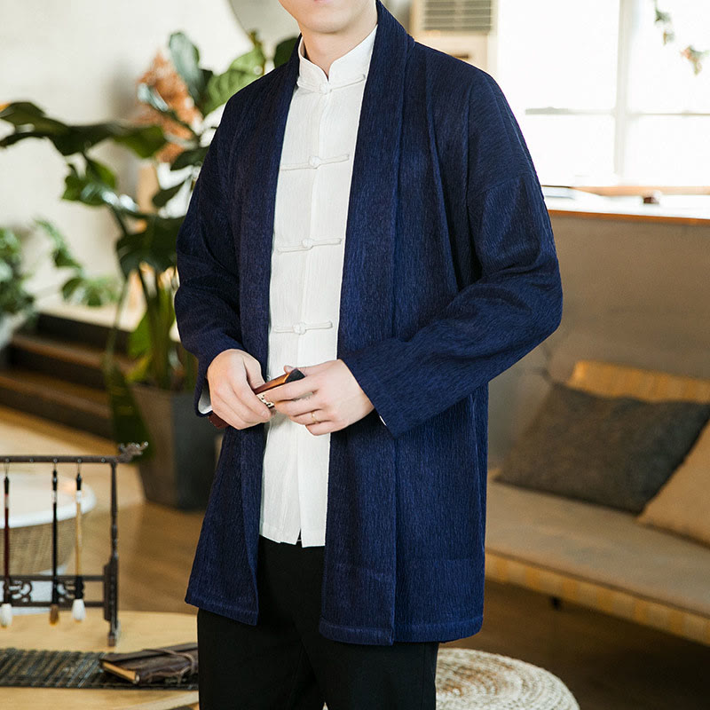 Buddha Stones Spring Pure Color Open Front Cotton Linen Men's Long Sleeve Jacket Kimono - MidnightBlue - US/UK/AU46，EU56 (5XL) - image 11