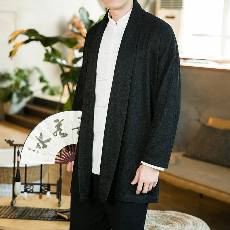 Buddha Stones Spring Pure Color Open Front Cotton Linen Men's Long Sleeve Jacket Kimono - Black - US/UK/AU46，EU56 (5XL) - image 1