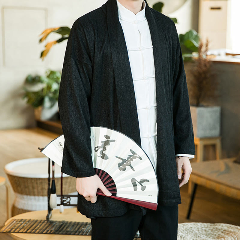 Buddha Stones Spring Pure Color Open Front Cotton Linen Men's  Jacket Kimono - image 2