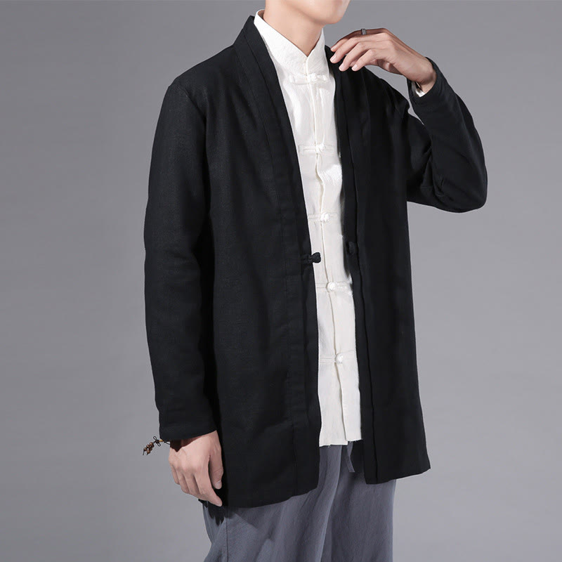 Buddha Stones Plain Simple Design Open Front Cotton Linen Men's Long Sleeve Jacket Kimono - Black - US/UK/AU42，EU52 (3XL) - image 11