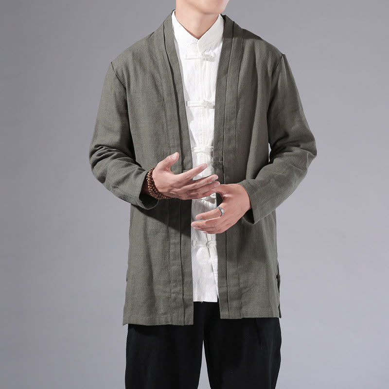 Buddha Stones Casual Plain Simple Design Open Front Cotton Linen Men's Long Sleeve Jacket Kimono - DarkSeaGreen - US/UK/AU42，EU52 (3XL) - image 1