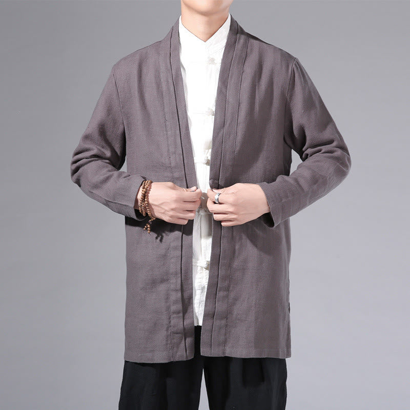 Buddha Stones Casual Plain Simple Design Open Front Cotton Linen Men's Long Sleeve Jacket Kimono - DimGray - US/UK/AU42，EU52 (3XL) - image 29