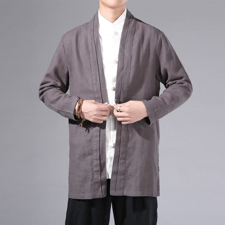 Buddha Stones Casual Plain Simple Design Open Front Cotton Linen Men's Long Sleeve Jacket Kimono - DimGray - US/UK/AU42，EU52 (3XL) - image 29
