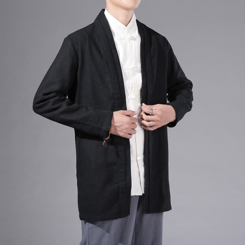 Buddha Stones Plain Simple Design Open Front Cotton Linen Men's Long Sleeve Jacket Kimono - image 15