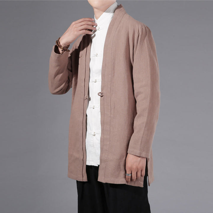Buddha Stones Casual Plain Simple Design Open Front Cotton Linen Men's Long Sleeve Jacket Kimono - image 23