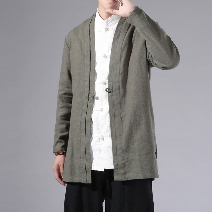 Buddha Stones Casual Plain Simple Design Open Front Cotton Linen Men's Long Sleeve Jacket Kimono - image 3