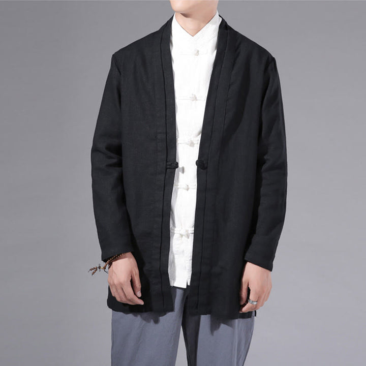 Buddha Stones Casual Plain Simple Design Open Front Cotton Linen Men's Long Sleeve Jacket Kimono - image 19