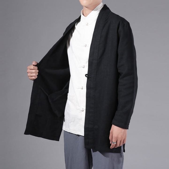 Buddha Stones Plain Simple Design Open Front Cotton Linen Men's Long Sleeve Jacket Kimono - image 17